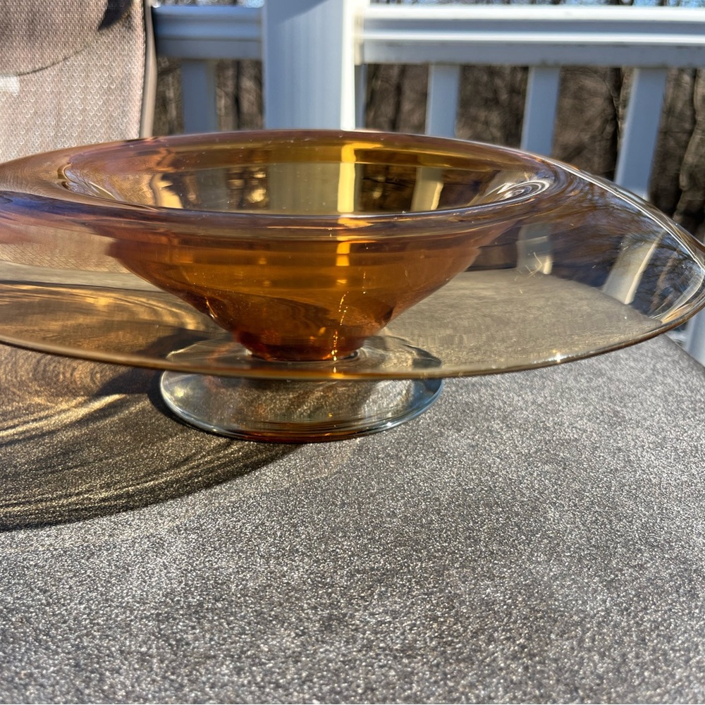 Vintage Rolled Rim Amber Glass Bowl/Console Bowl with Pedestal